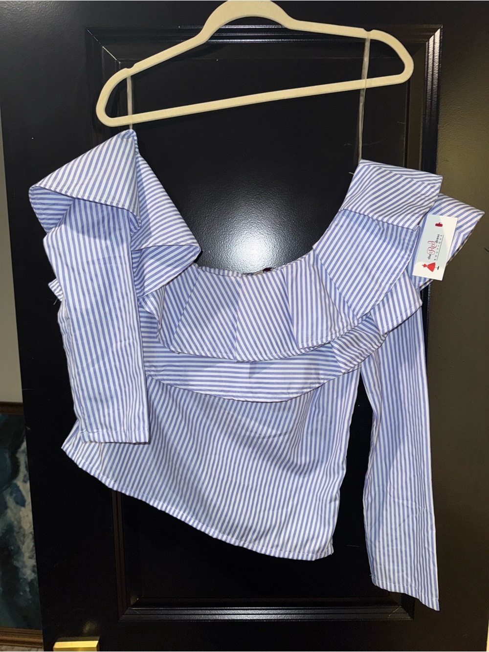 Striped Blue Off-the-Shoulder Ruffle Blouse - Picture 3 of 6